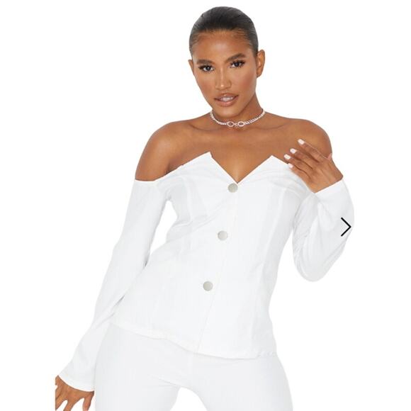 PrettyLittleThing‎ NWT Woven Popper Bardot Corset Long Sleeve Top White Size 2 - Picture 1 of 10